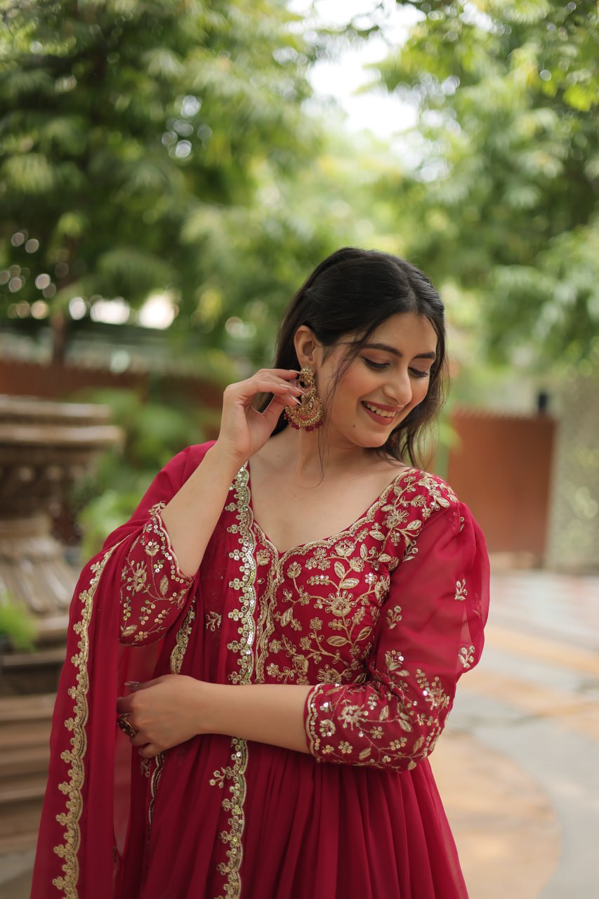 Dashing Pink Faux Georgette Sequins Embroidered Gown With Dupatta - INDIAN ELEGANCE