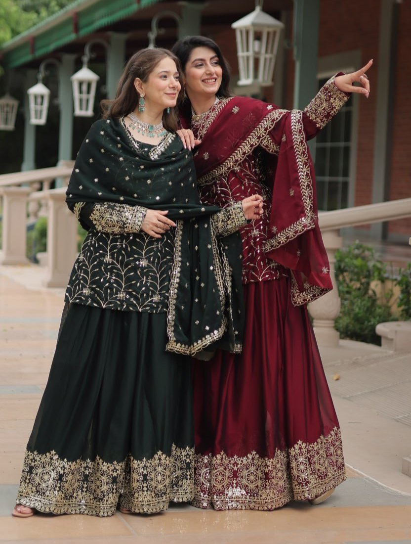 Alluring Rangoli Silk Sequins Thread Worked Top Palazzo Suit - INDIAN ELEGANCE