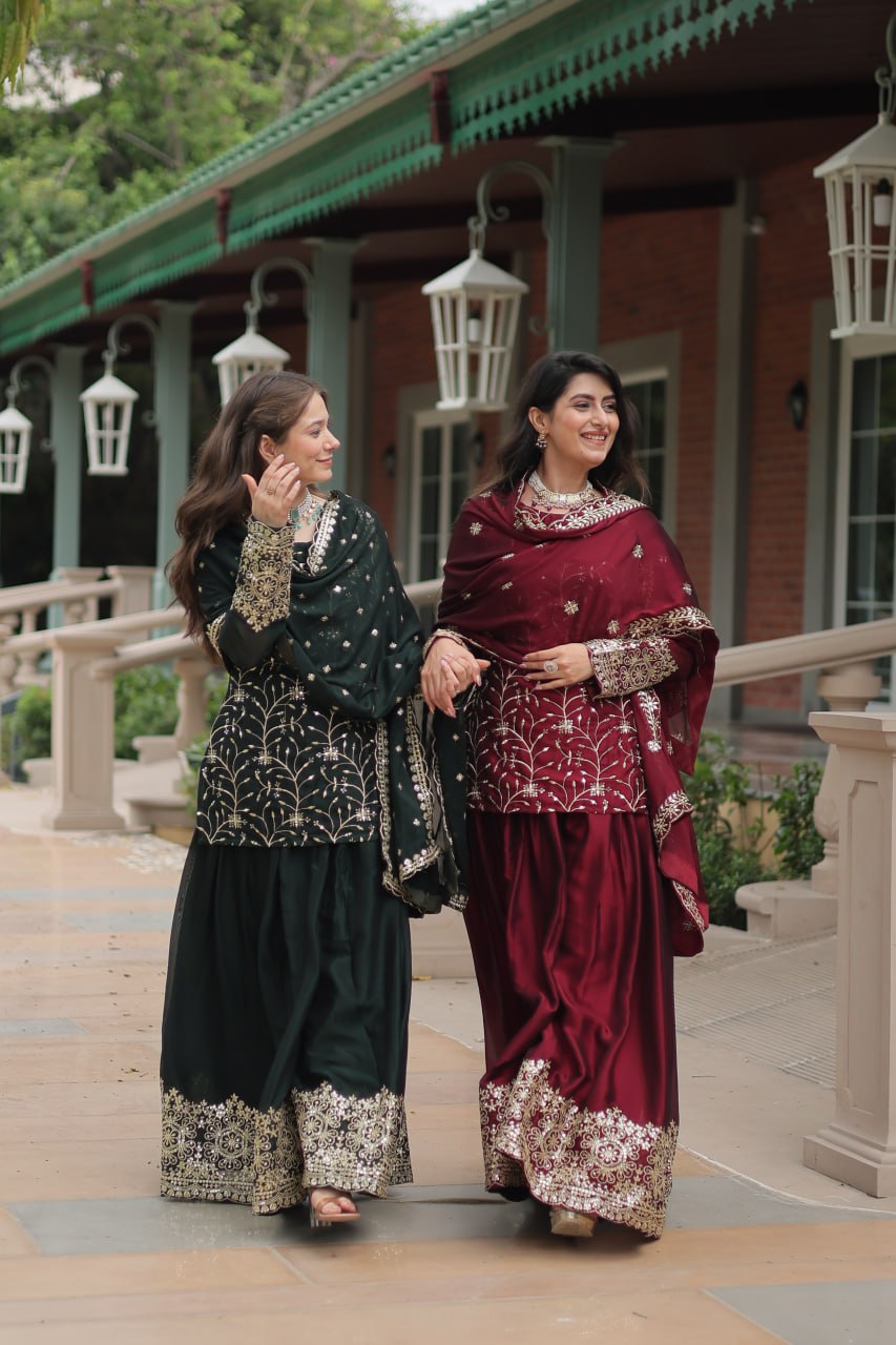 Alluring Rangoli Silk Sequins Thread Worked Top Palazzo Suit - INDIAN ELEGANCE
