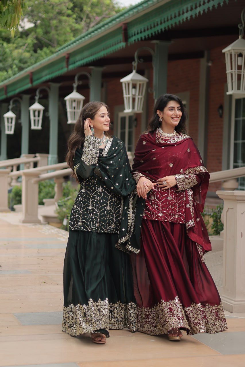 Alluring Rangoli Silk Sequins Thread Worked Top Palazzo Suit - INDIAN ELEGANCE