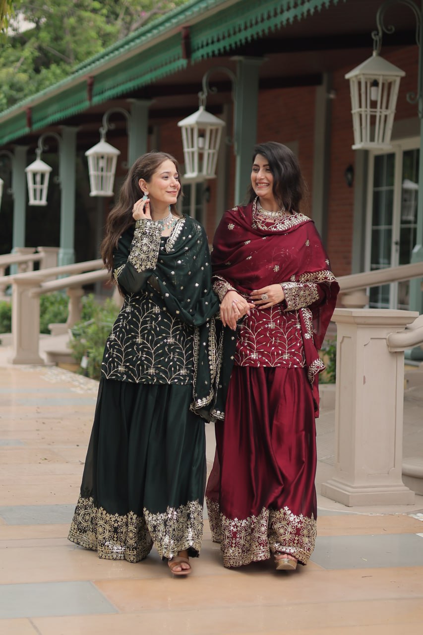 Alluring Rangoli Silk Sequins Thread Worked Top Palazzo Suit - INDIAN ELEGANCE
