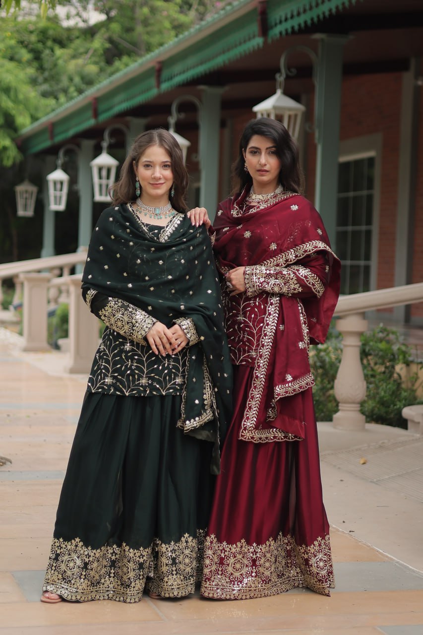 Alluring Rangoli Silk Sequins Thread Worked Top Palazzo Suit - INDIAN ELEGANCE