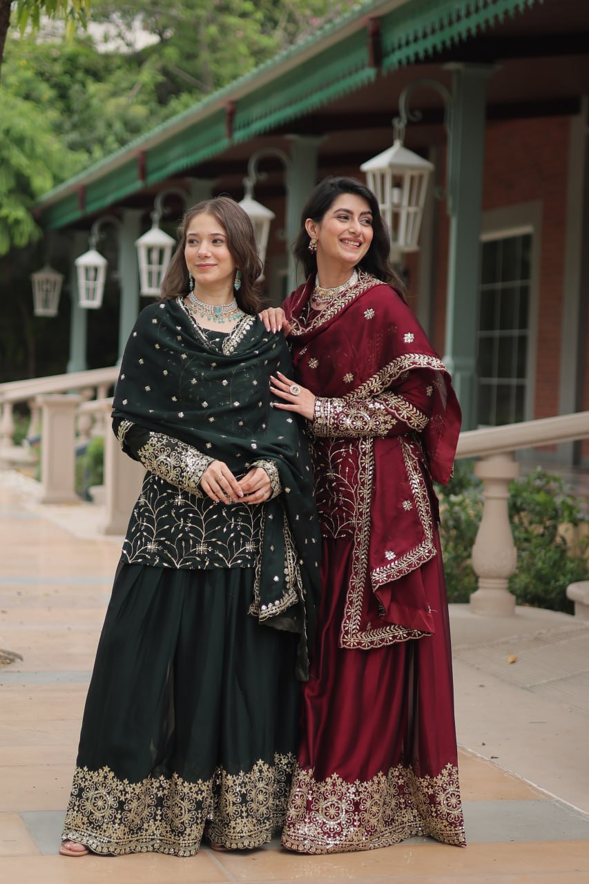 Alluring Rangoli Silk Sequins Thread Worked Top Palazzo Suit - INDIAN ELEGANCE