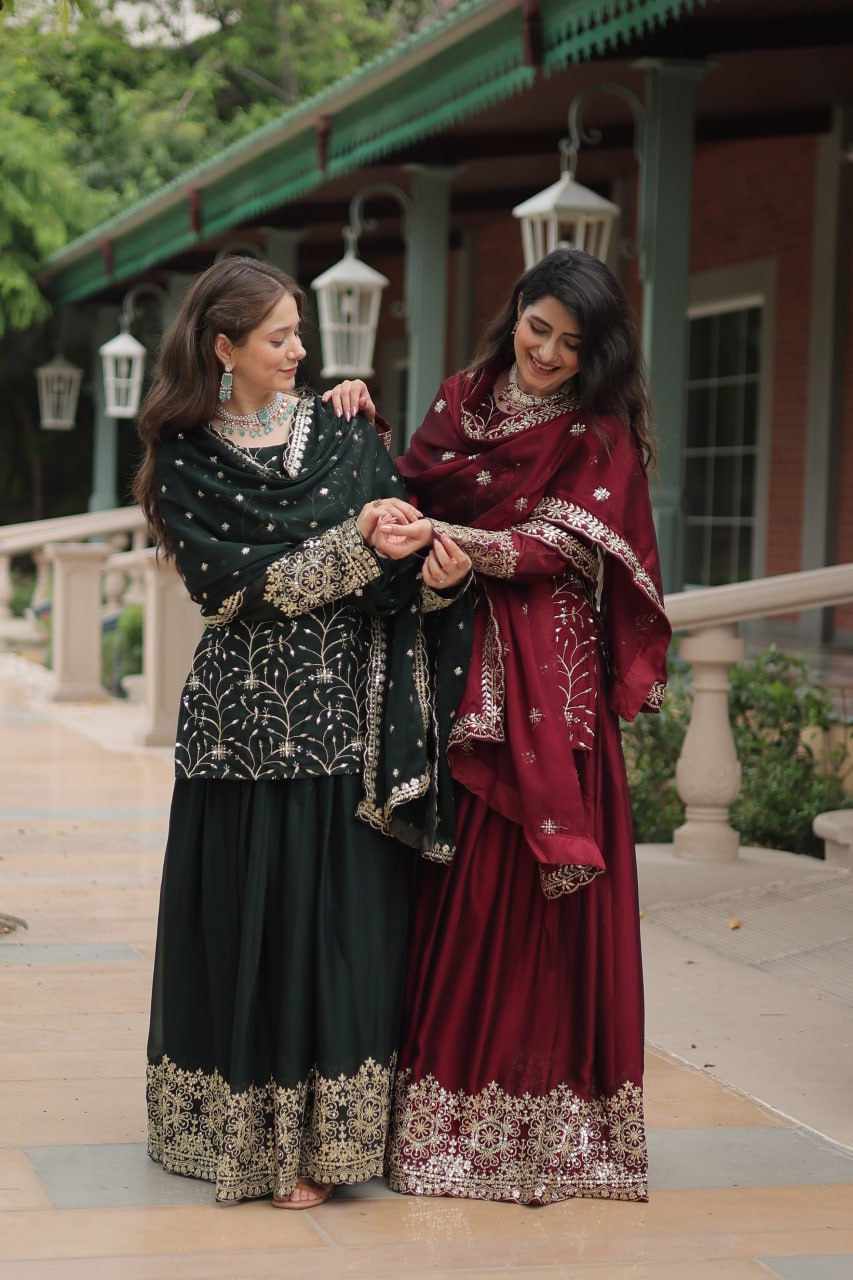 Alluring Rangoli Silk Sequins Thread Worked Top Palazzo Suit - INDIAN ELEGANCE
