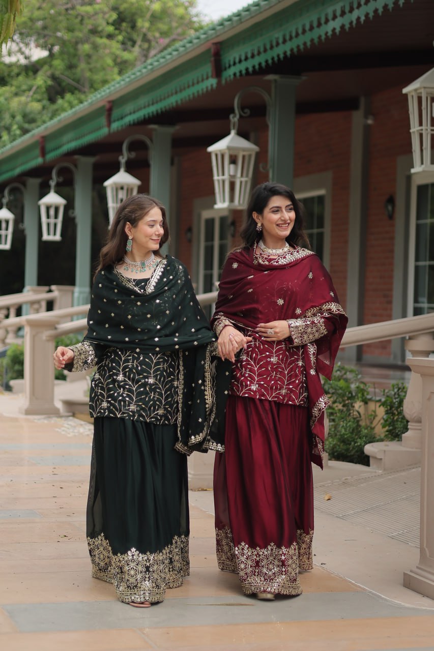 Alluring Rangoli Silk Sequins Thread Worked Top Palazzo Suit - INDIAN ELEGANCE