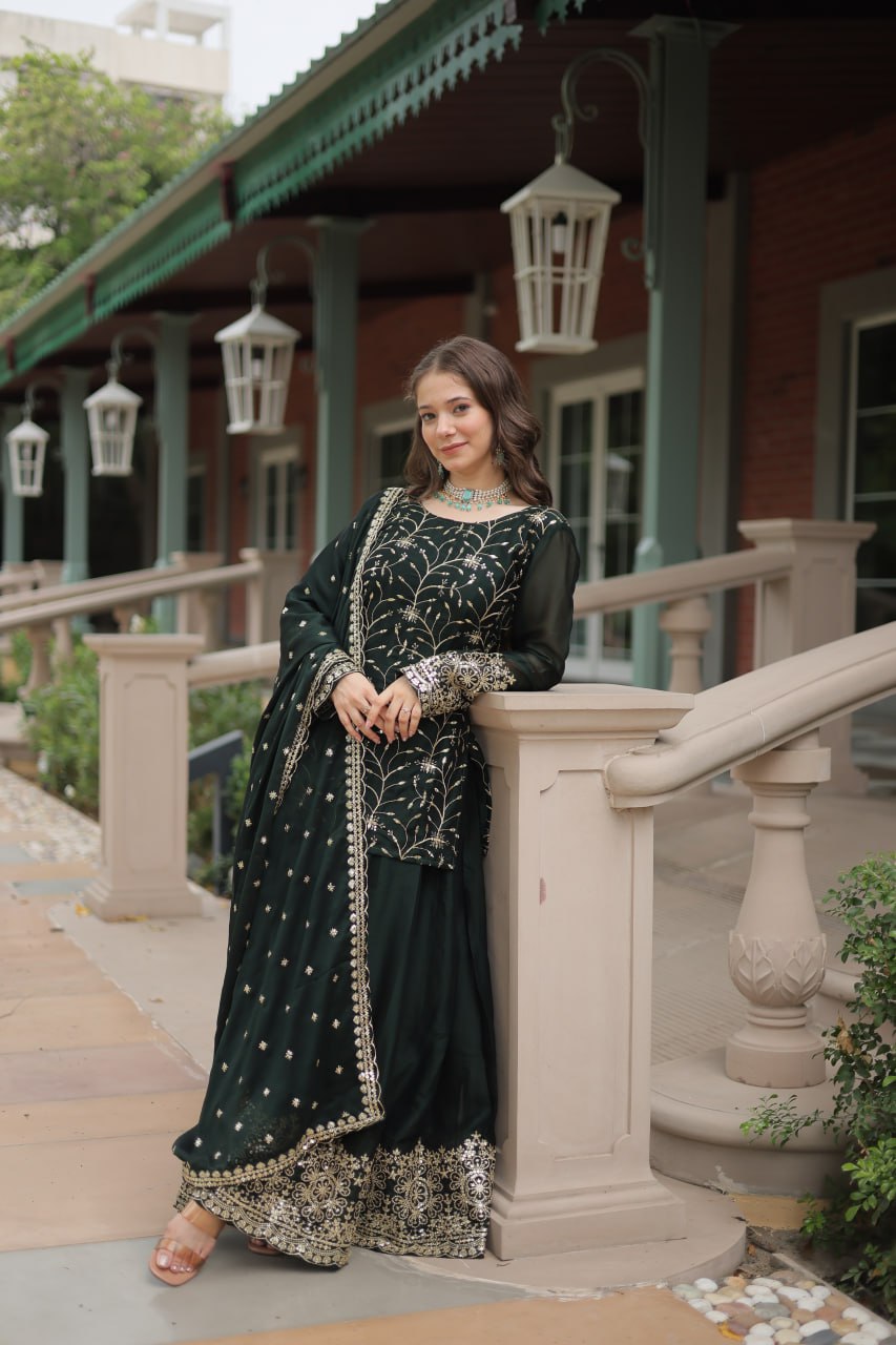Alluring Rangoli Silk Sequins Thread Worked Top Palazzo Suit - INDIAN ELEGANCE