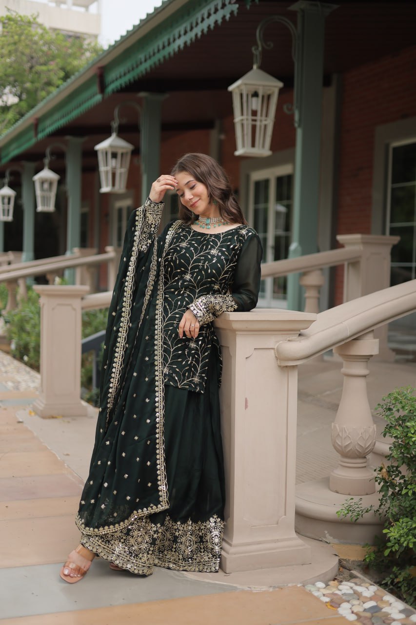 Alluring Rangoli Silk Sequins Thread Worked Top Palazzo Suit - INDIAN ELEGANCE