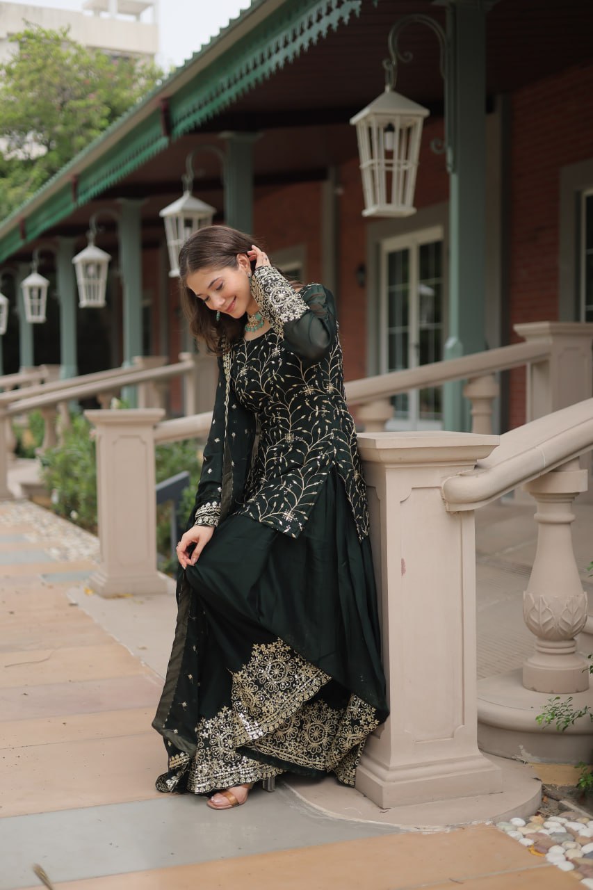 Alluring Rangoli Silk Sequins Thread Worked Top Palazzo Suit - INDIAN ELEGANCE