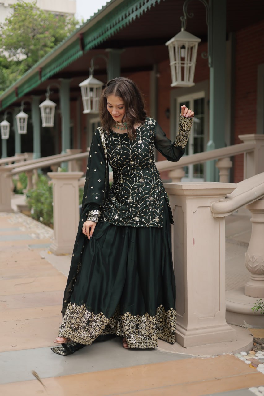 Alluring Rangoli Silk Sequins Thread Worked Top Palazzo Suit - INDIAN ELEGANCE
