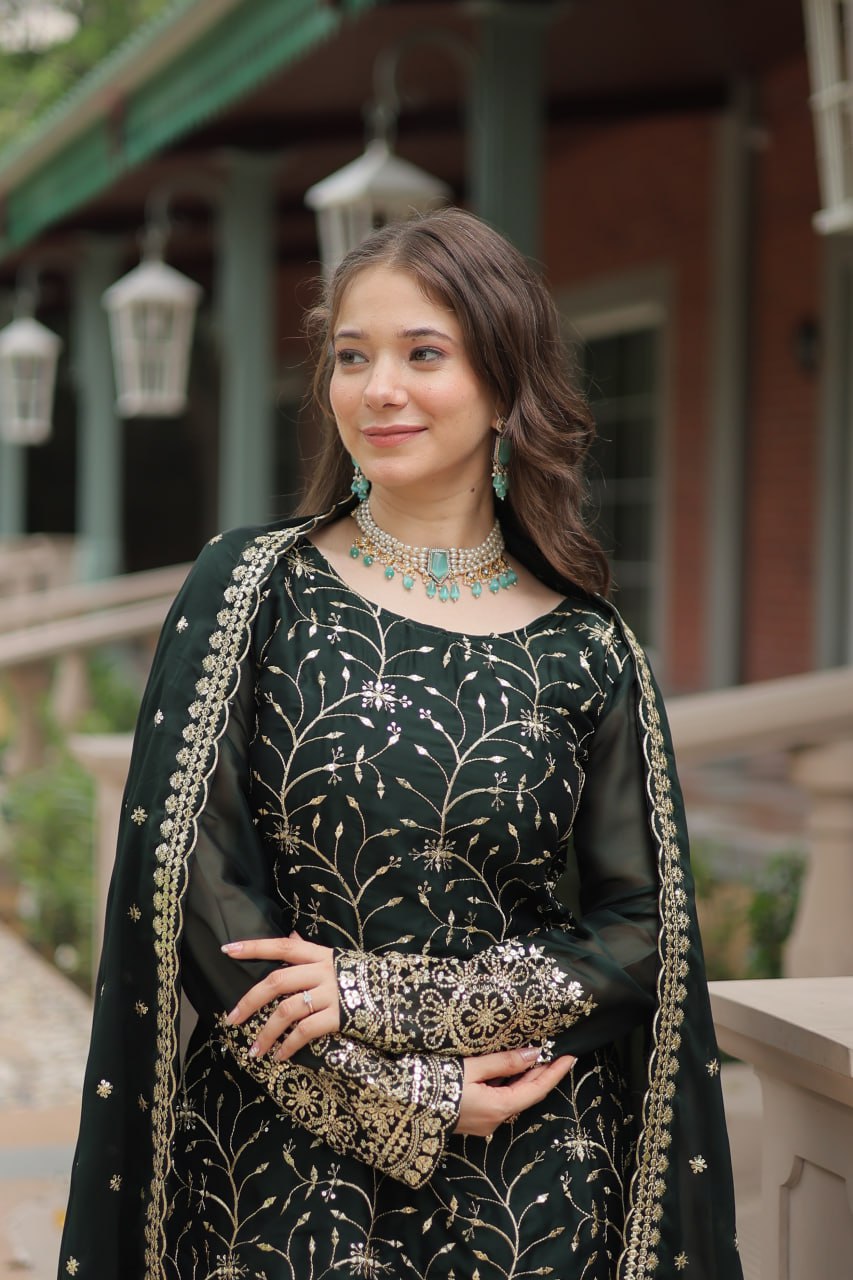 Alluring Rangoli Silk Sequins Thread Worked Top Palazzo Suit - INDIAN ELEGANCE