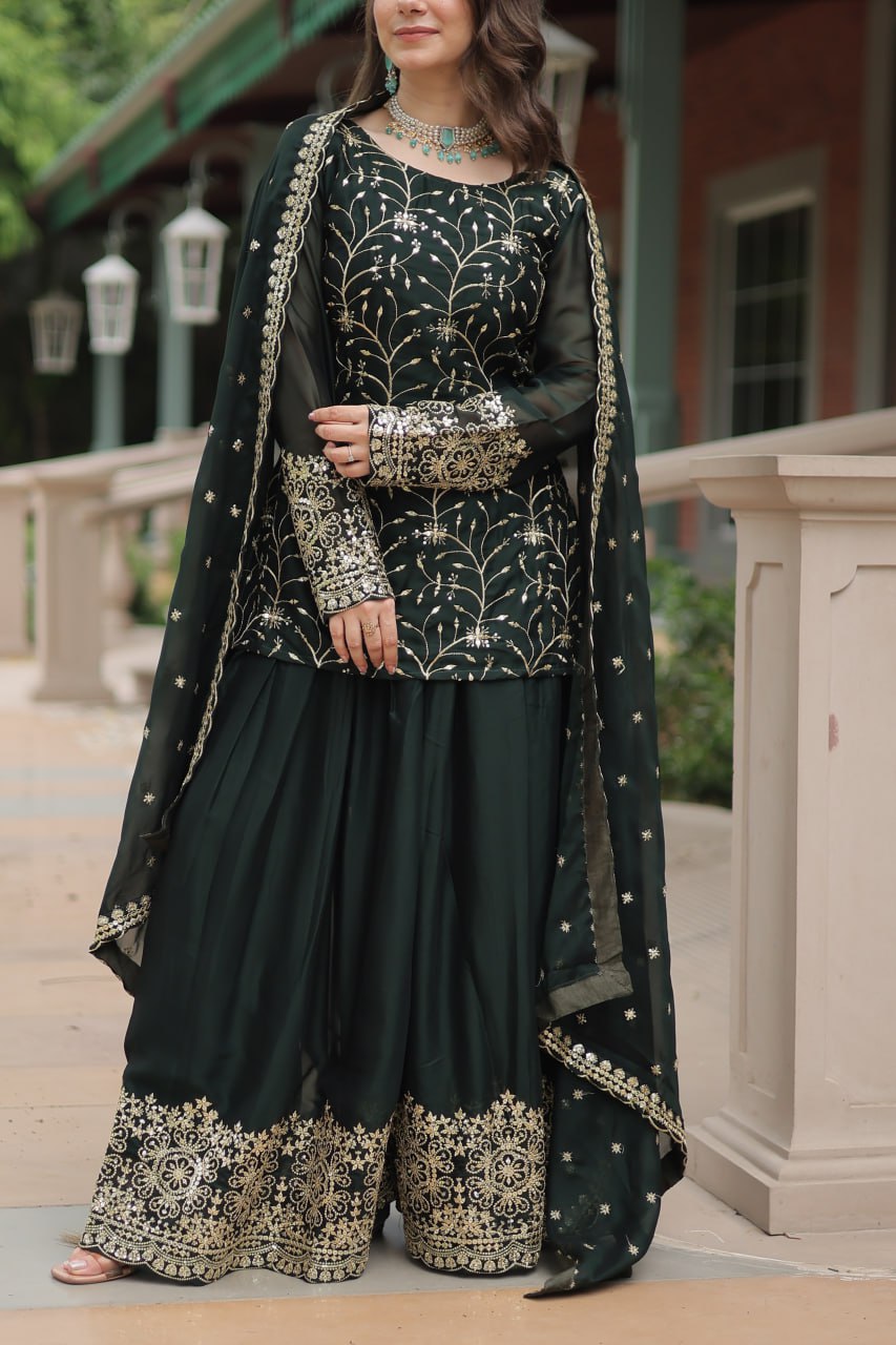 Alluring Rangoli Silk Sequins Thread Worked Top Palazzo Suit - INDIAN ELEGANCE