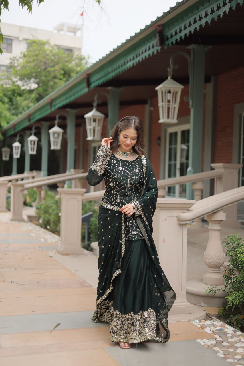 Alluring Rangoli Silk Sequins Thread Worked Top Palazzo Suit - INDIAN ELEGANCE