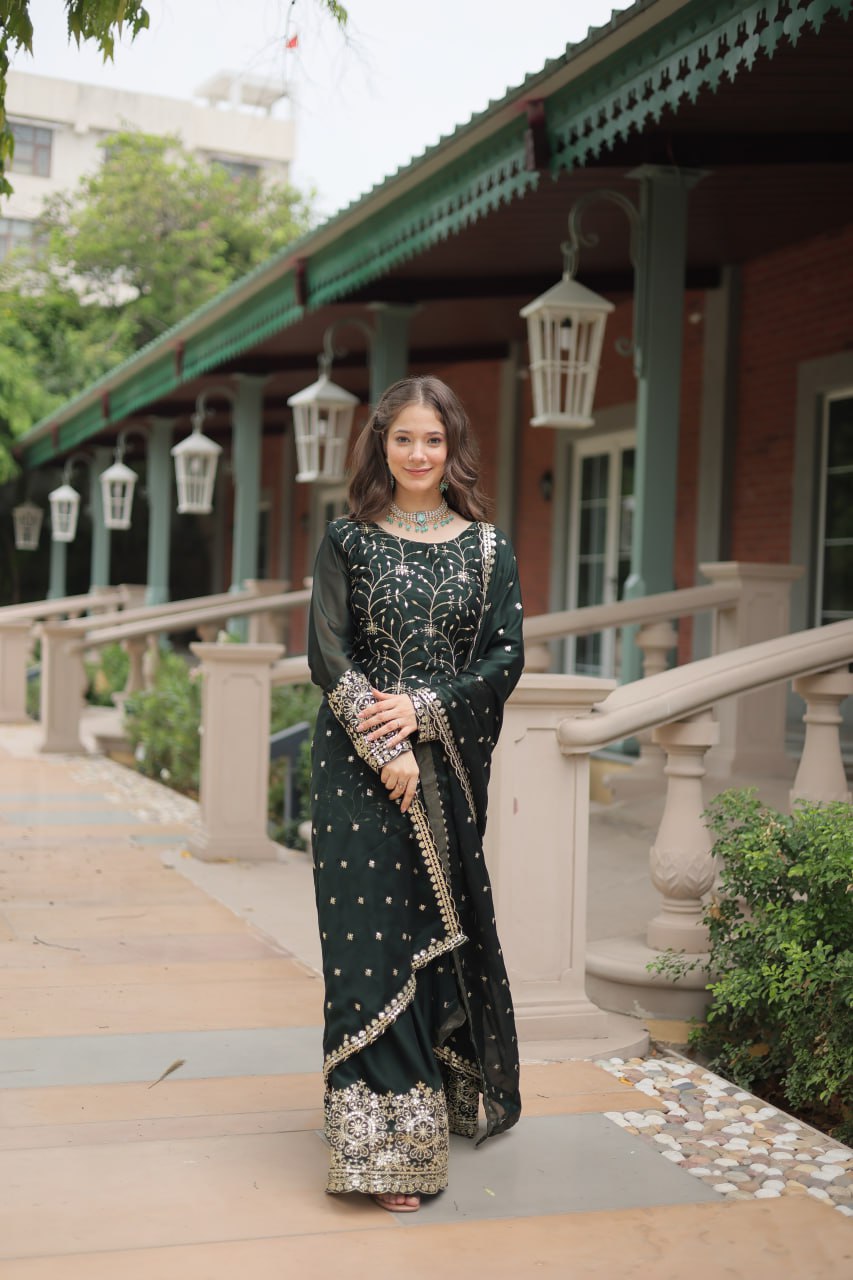 Alluring Rangoli Silk Sequins Thread Worked Top Palazzo Suit - INDIAN ELEGANCE