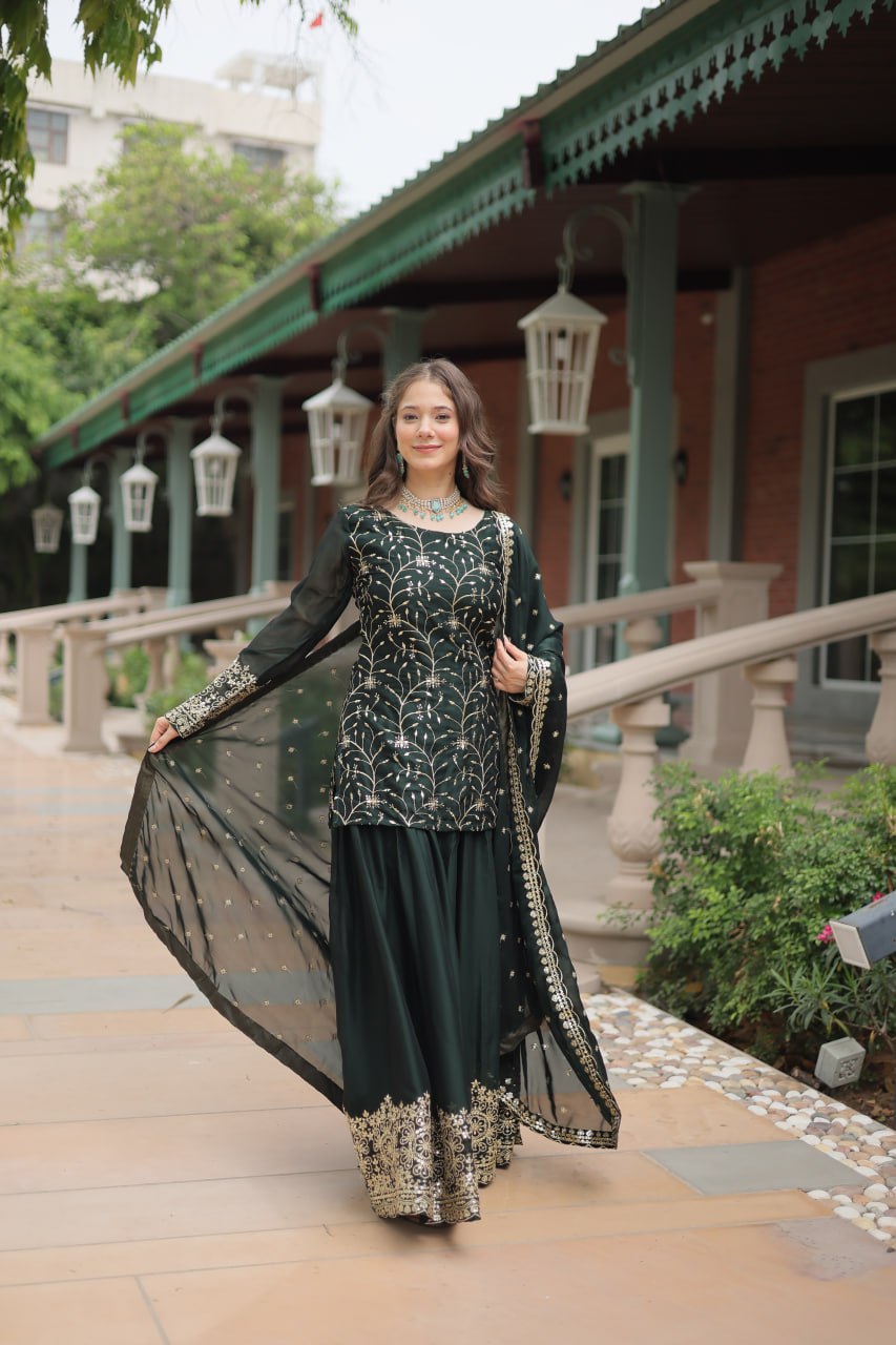 Alluring Rangoli Silk Sequins Thread Worked Top Palazzo Suit - INDIAN ELEGANCE