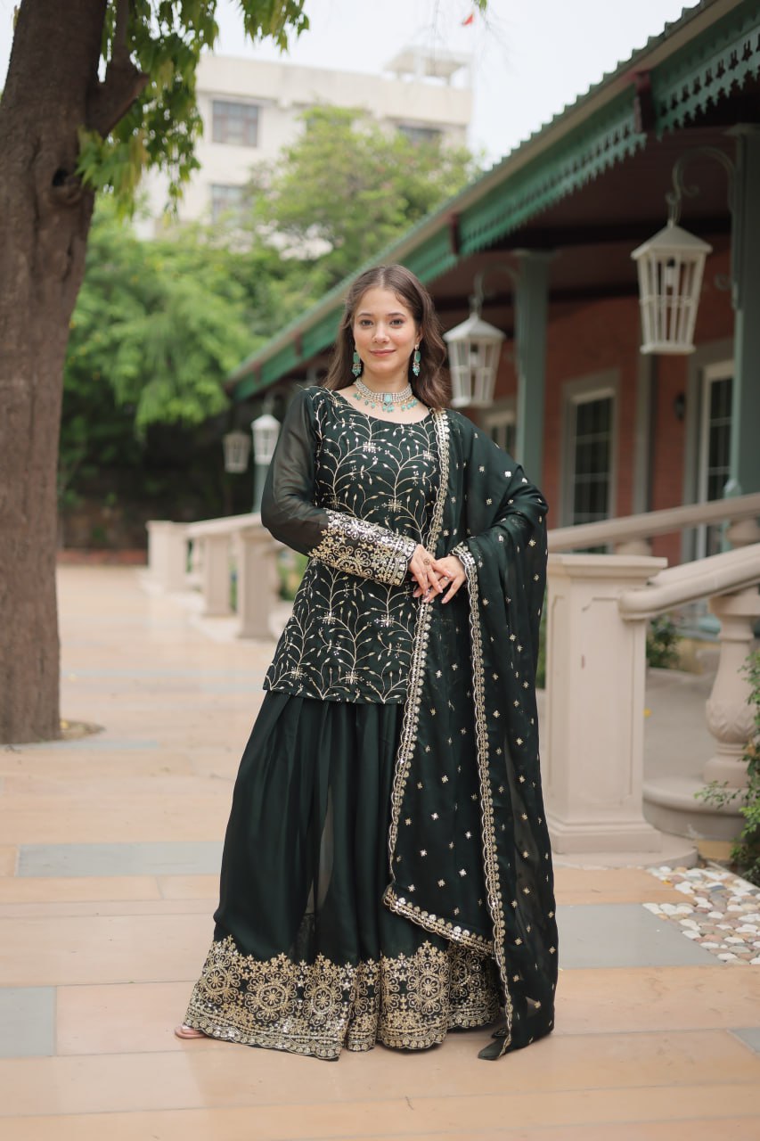 Alluring Rangoli Silk Sequins Thread Worked Top Palazzo Suit - INDIAN ELEGANCE