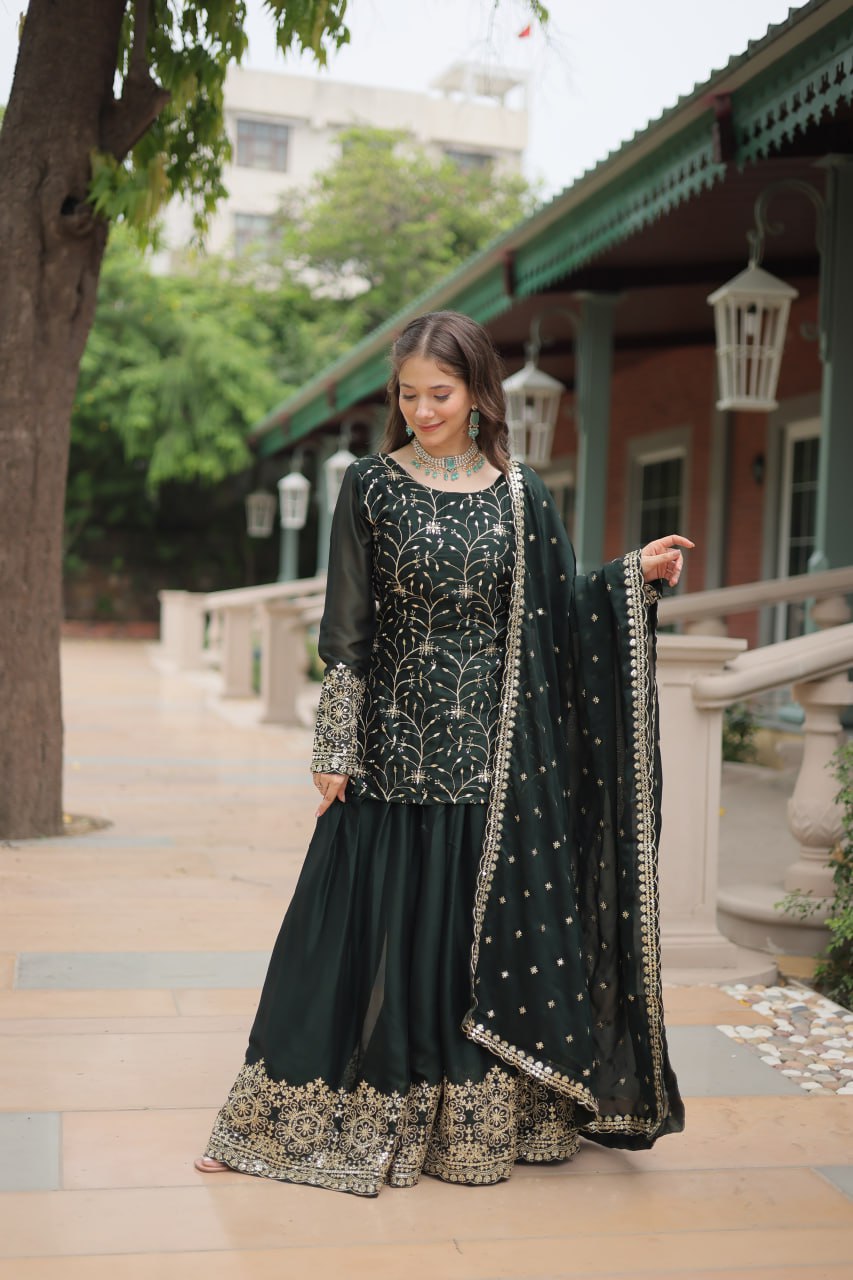 Alluring Rangoli Silk Sequins Thread Worked Top Palazzo Suit - INDIAN ELEGANCE