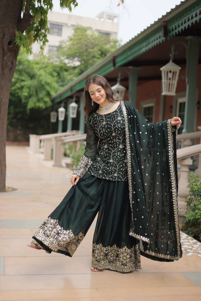 Alluring Rangoli Silk Sequins Thread Worked Top Palazzo Suit - INDIAN ELEGANCE