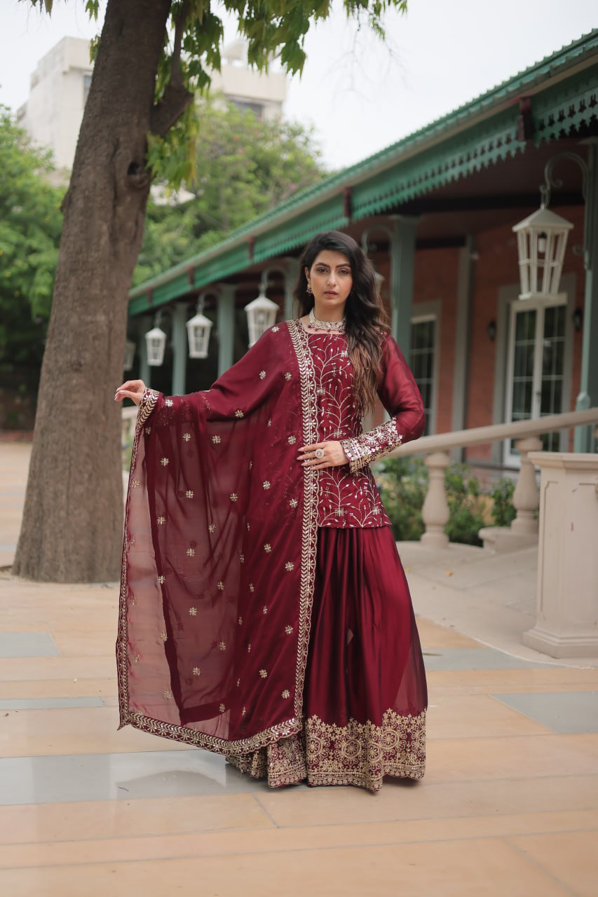 Alluring Rangoli Silk Sequins Thread Worked Top Palazzo Suit - INDIAN ELEGANCE
