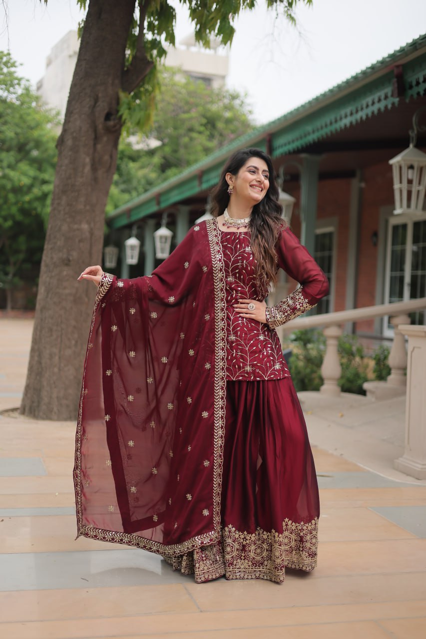 Alluring Rangoli Silk Sequins Thread Worked Top Palazzo Suit - INDIAN ELEGANCE