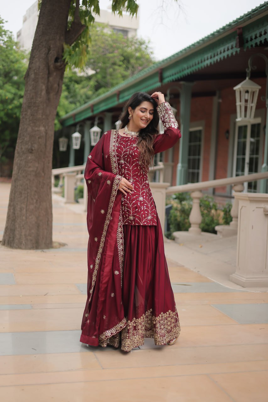 Alluring Rangoli Silk Sequins Thread Worked Top Palazzo Suit - INDIAN ELEGANCE