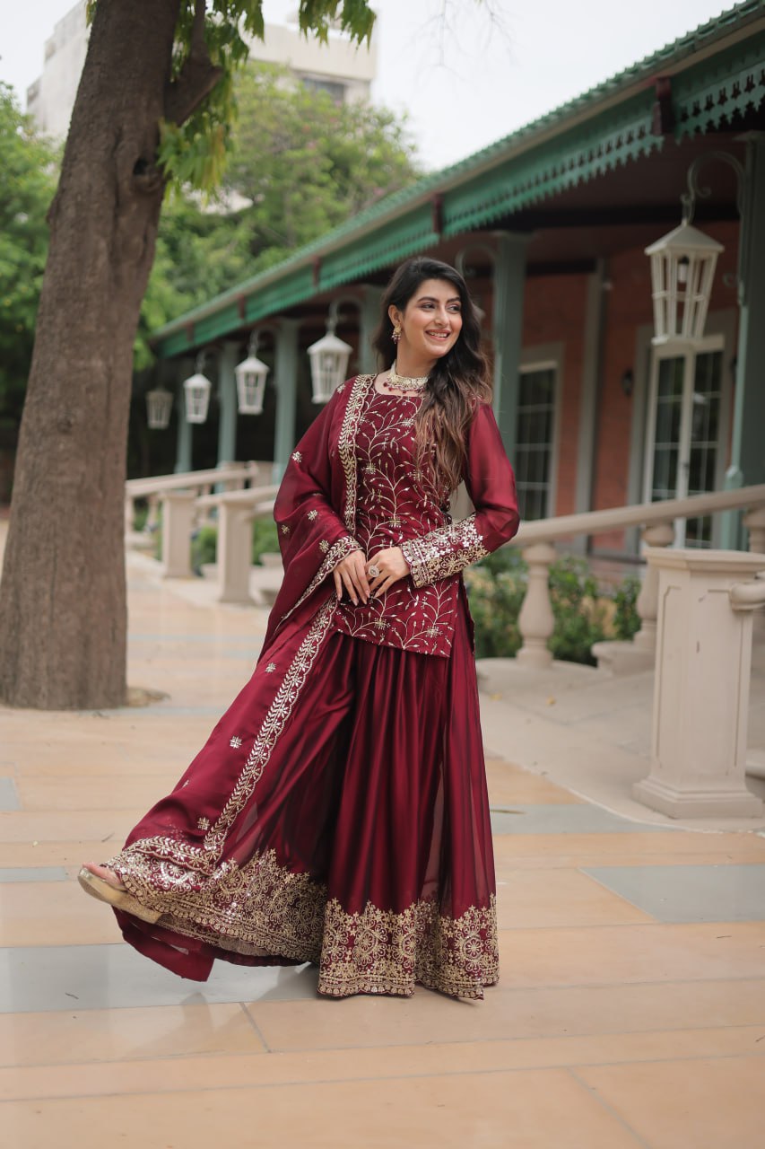 Alluring Rangoli Silk Sequins Thread Worked Top Palazzo Suit - INDIAN ELEGANCE
