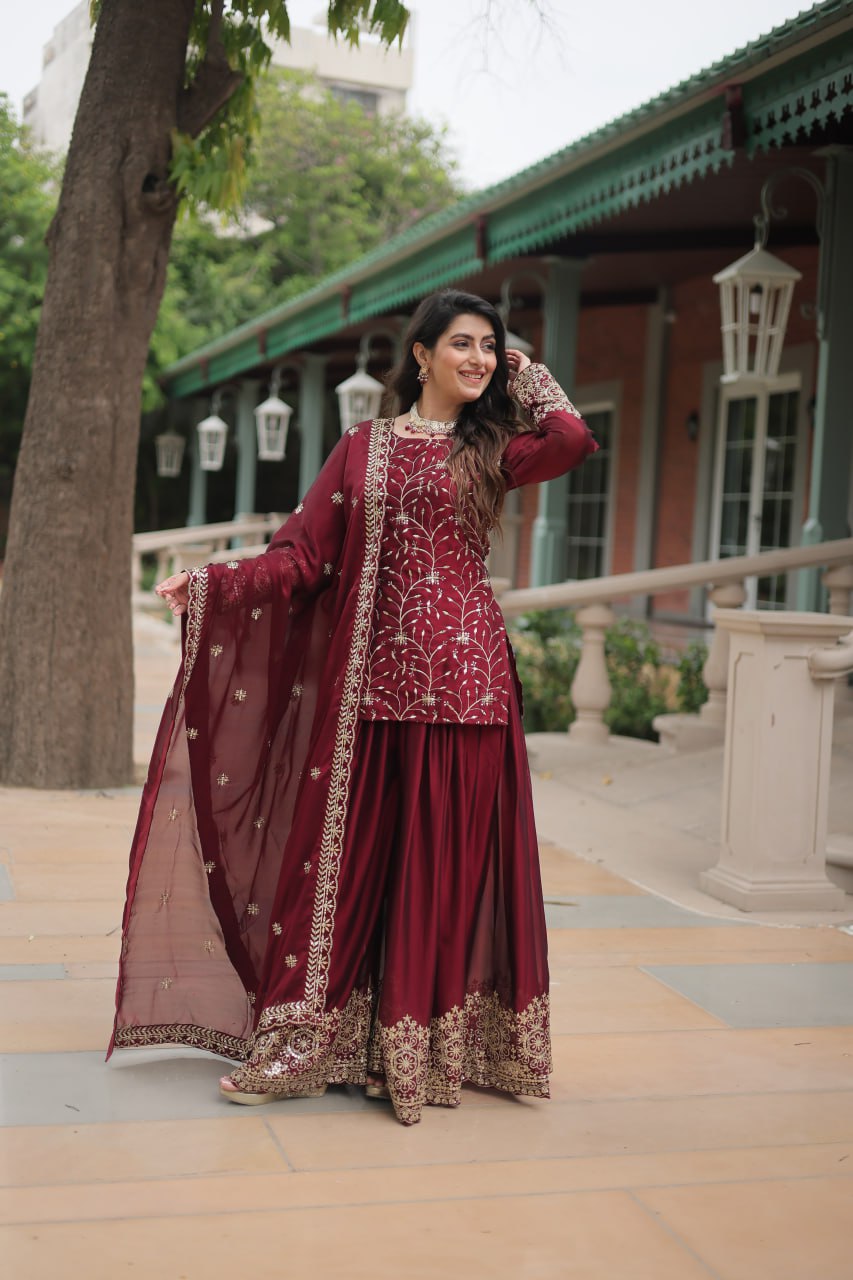 Alluring Rangoli Silk Sequins Thread Worked Top Palazzo Suit - INDIAN ELEGANCE