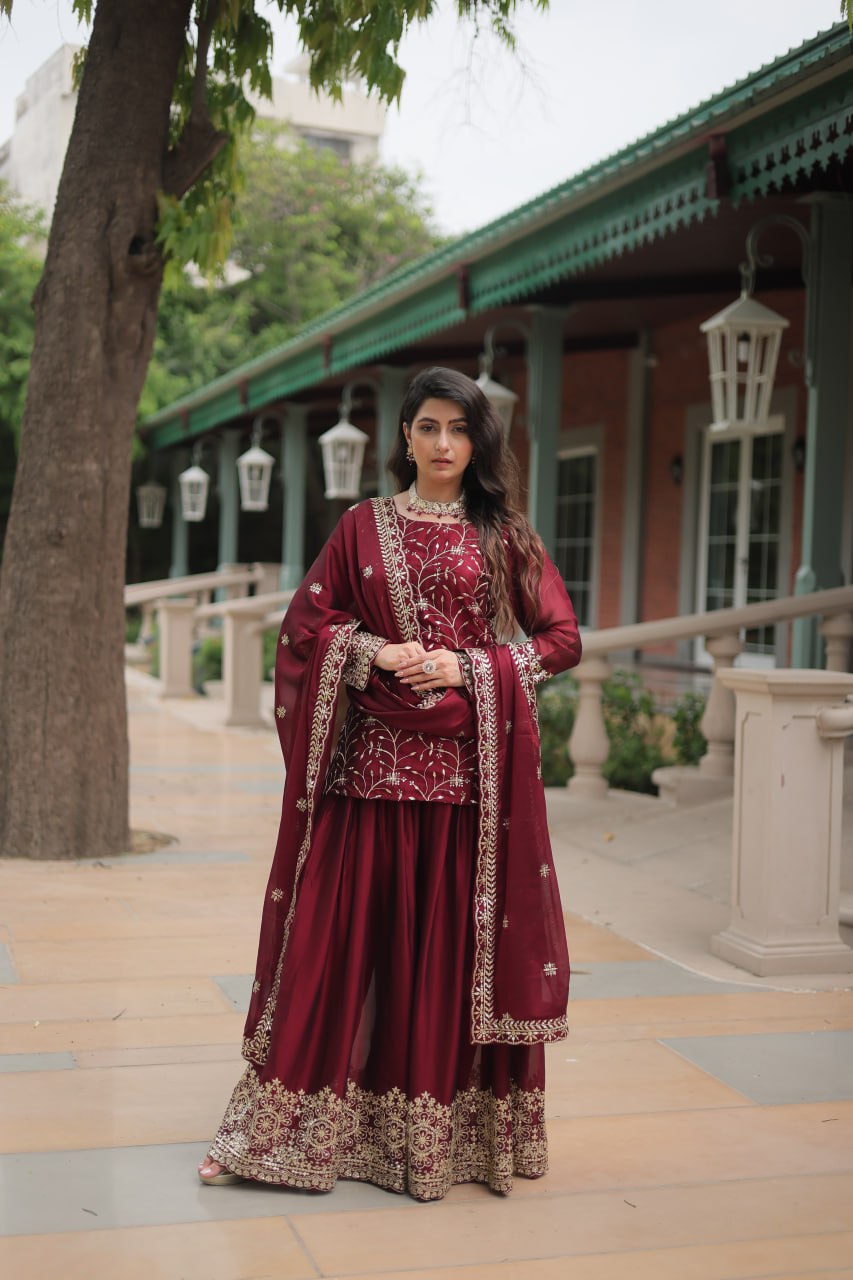 Alluring Rangoli Silk Sequins Thread Worked Top Palazzo Suit - INDIAN ELEGANCE