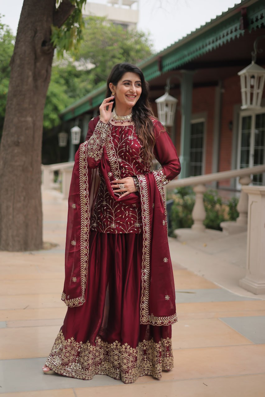 Alluring Rangoli Silk Sequins Thread Worked Top Palazzo Suit - INDIAN ELEGANCE