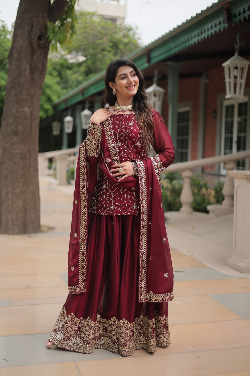 Alluring Rangoli Silk Sequins Thread Worked Top Palazzo Suit - INDIAN ELEGANCE