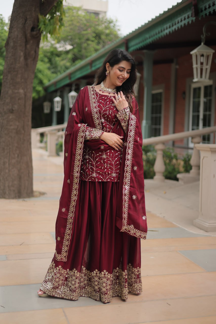 Alluring Rangoli Silk Sequins Thread Worked Top Palazzo Suit - INDIAN ELEGANCE