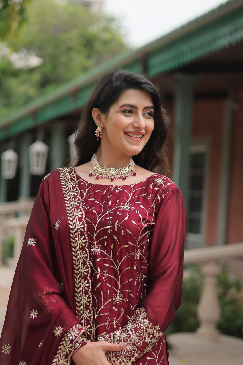 Alluring Rangoli Silk Sequins Thread Worked Top Palazzo Suit - INDIAN ELEGANCE