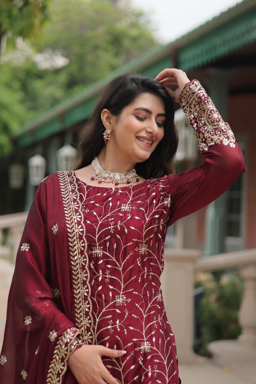 Alluring Rangoli Silk Sequins Thread Worked Top Palazzo Suit - INDIAN ELEGANCE