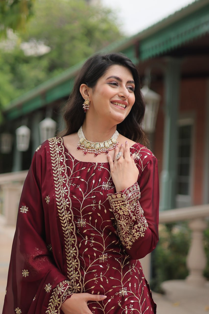 Alluring Rangoli Silk Sequins Thread Worked Top Palazzo Suit - INDIAN ELEGANCE