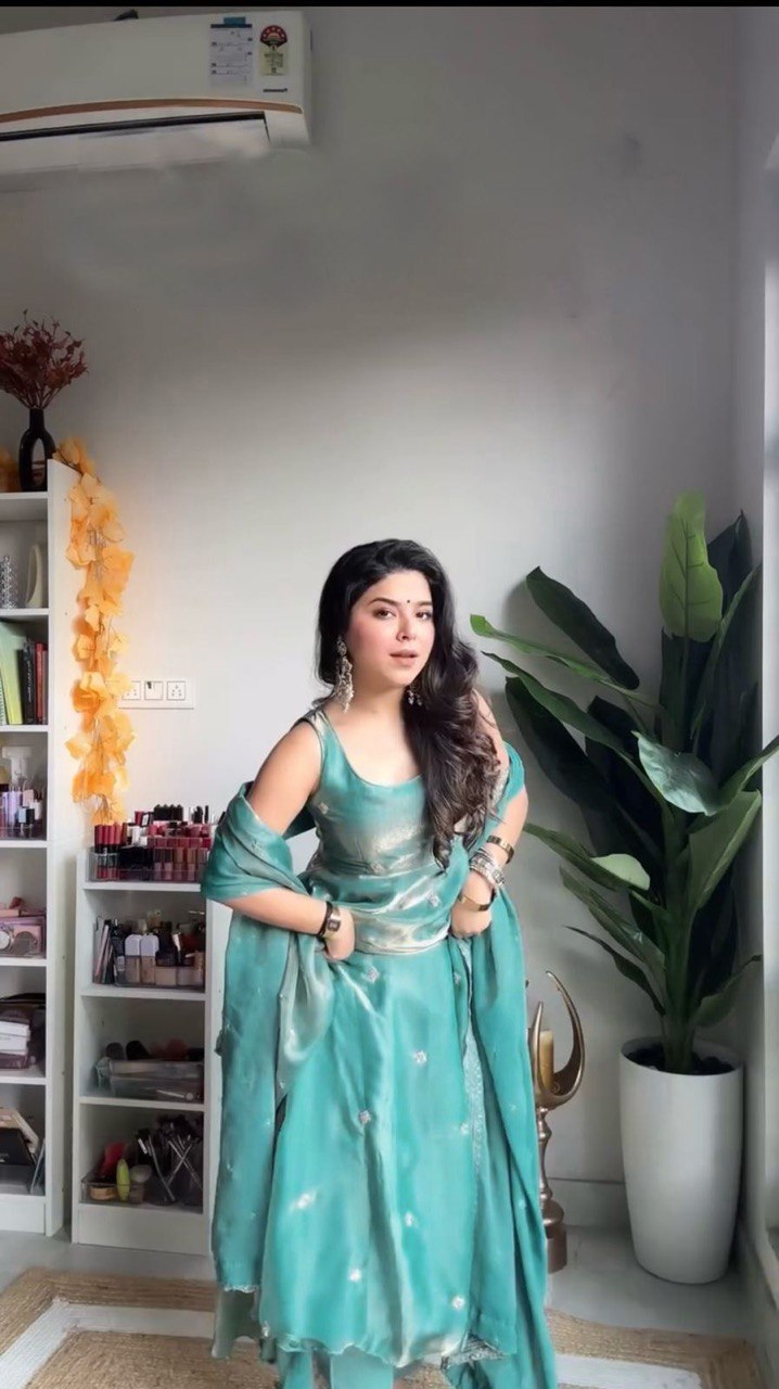 Stylish Cyan Fendy Silk Thread Sequins Worked Anarkali Pant Suit