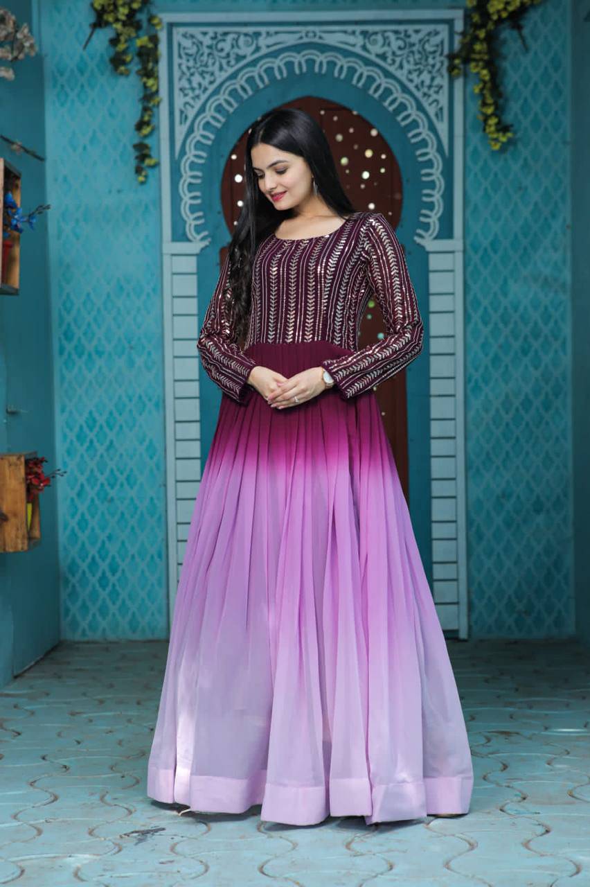 Wine Faux Georgette Sequins Embroidered Shaded Gown - INDIAN ELEGANCE