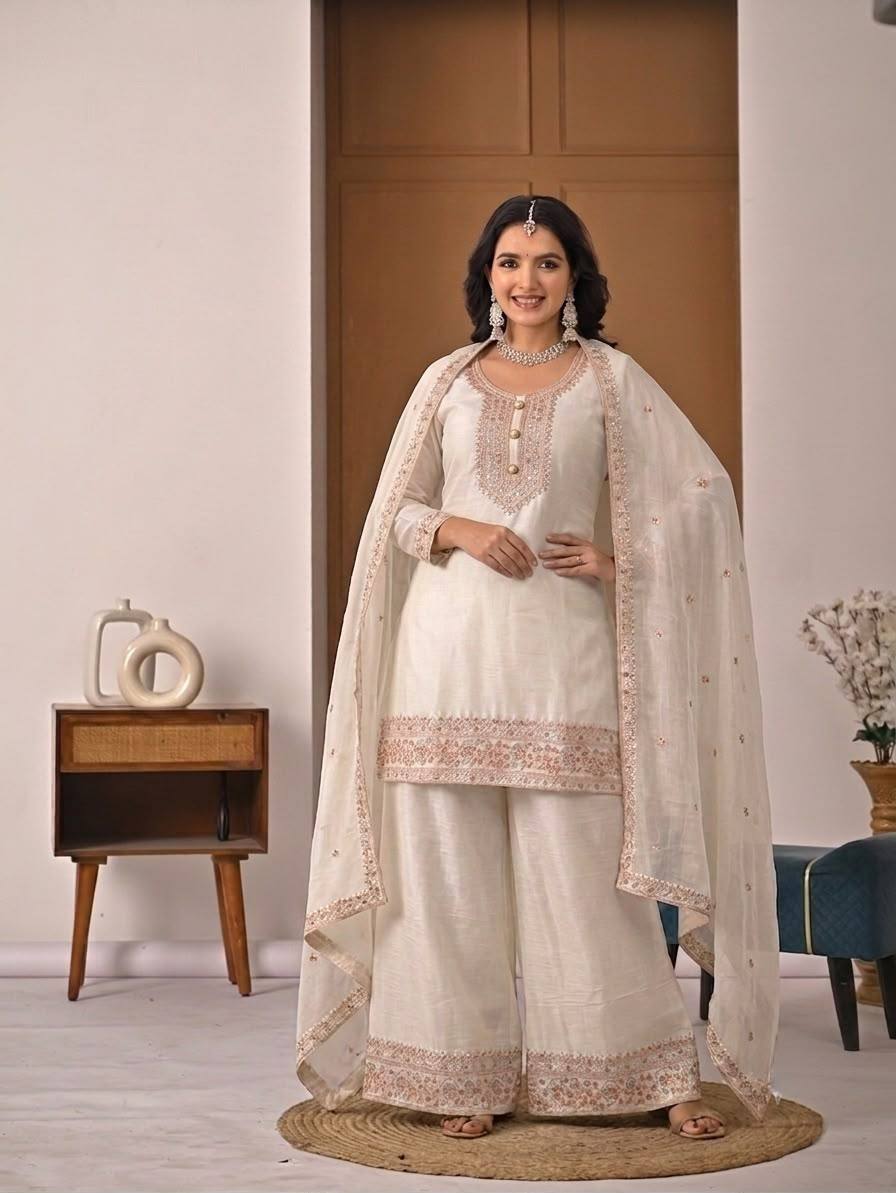 Women's Off White Embroidered Crunchy Silk Kurta Palazzo Set with Dupatta | Designer Festive & Party Wear Suit