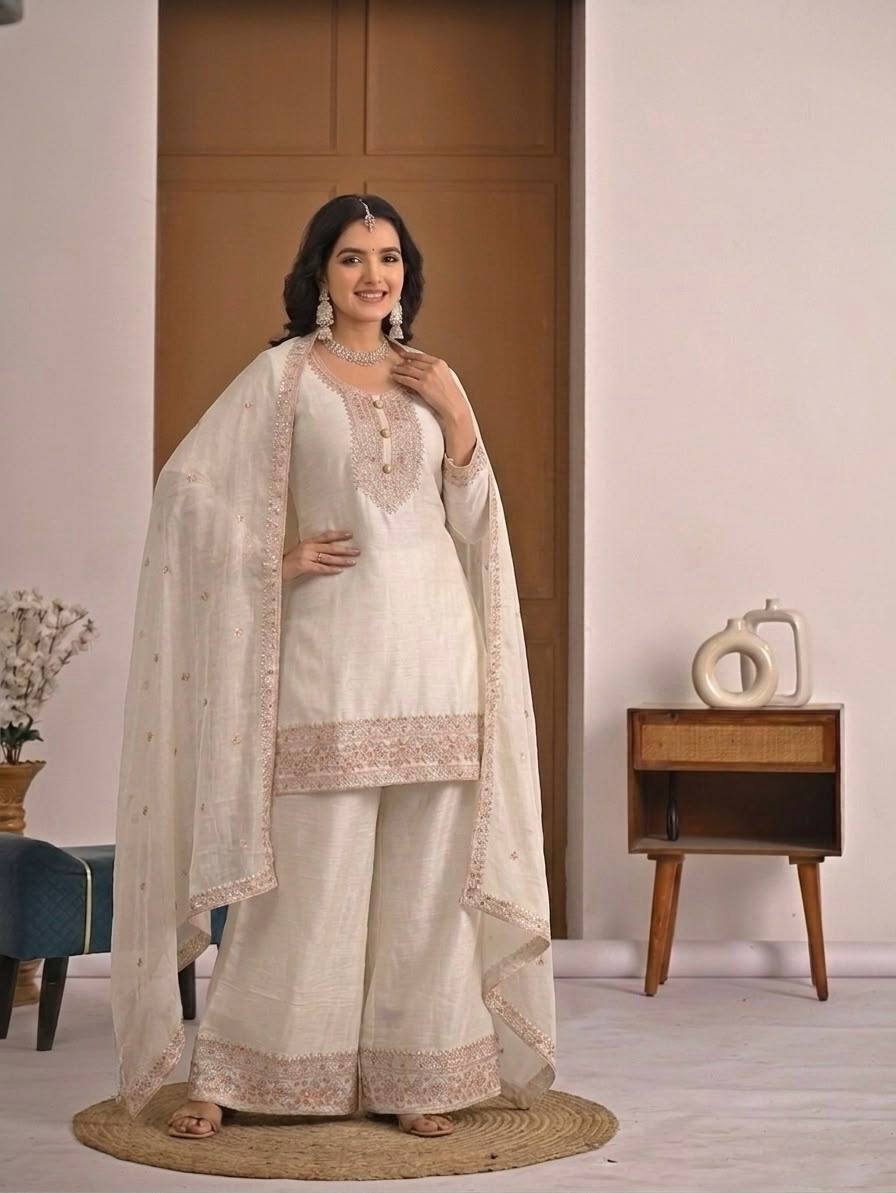 Women's Off White Embroidered Crunchy Silk Kurta Palazzo Set with Dupatta | Designer Festive & Party Wear Suit