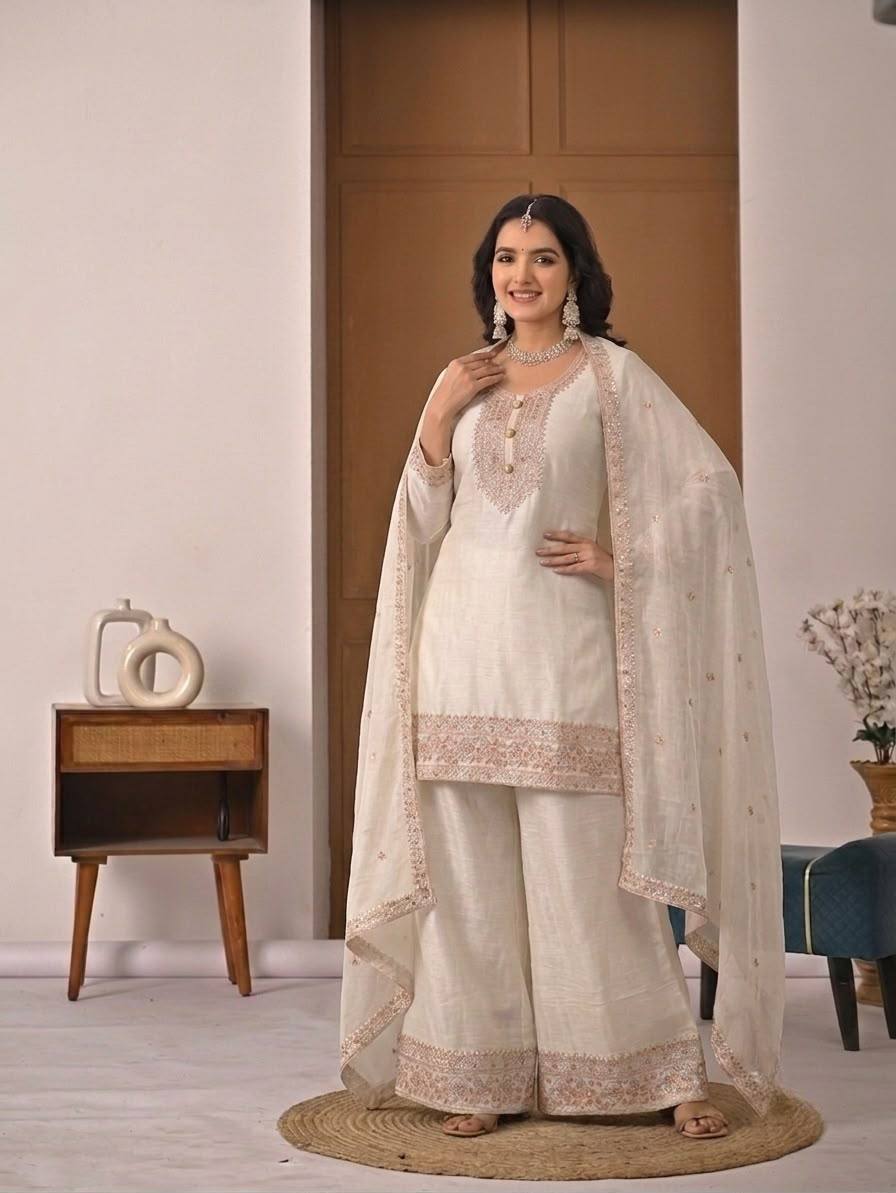 Women's Off White Embroidered Crunchy Silk Kurta Palazzo Set with Dupatta | Designer Festive & Party Wear Suit