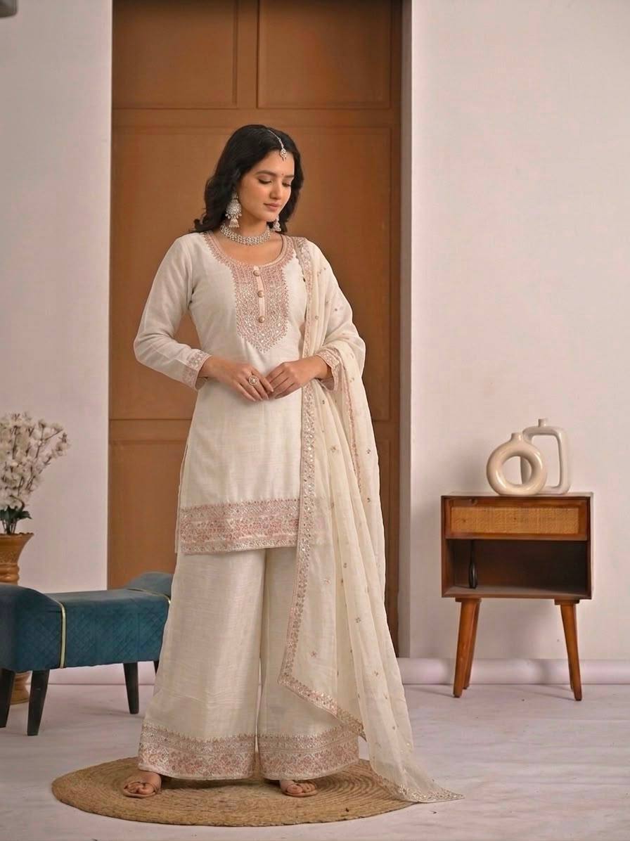 Women's Off White Embroidered Crunchy Silk Kurta Palazzo Set with Dupatta | Designer Festive & Party Wear Suit