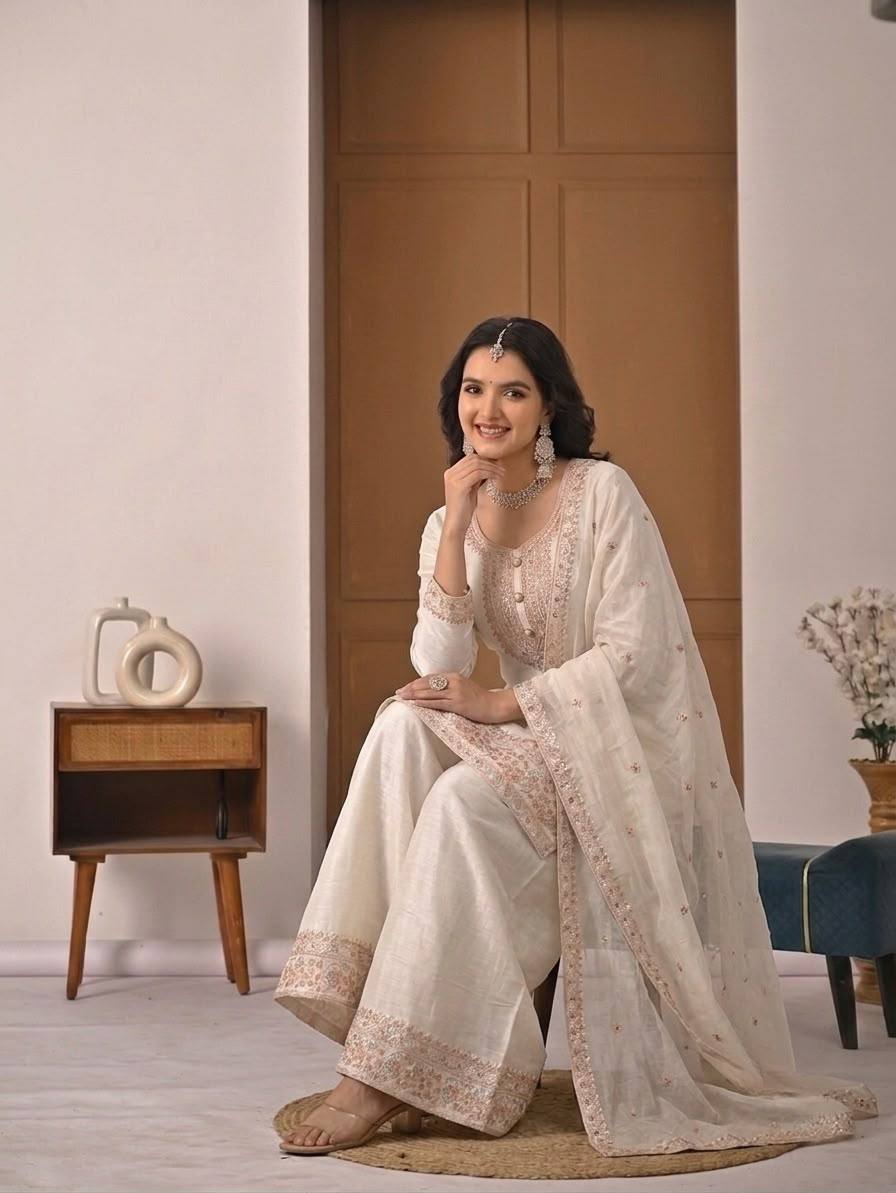 Women's Off White Embroidered Crunchy Silk Kurta Palazzo Set with Dupatta | Designer Festive & Party Wear Suit