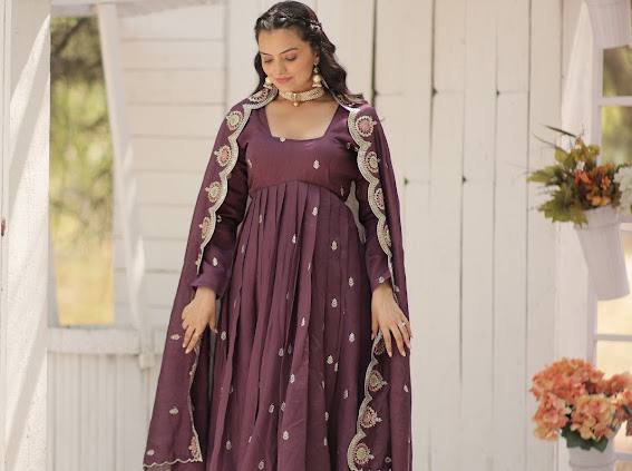 Elegant Rich Sequins Worked Fully Stitched Designer Gown - INDIAN ELEGANCE