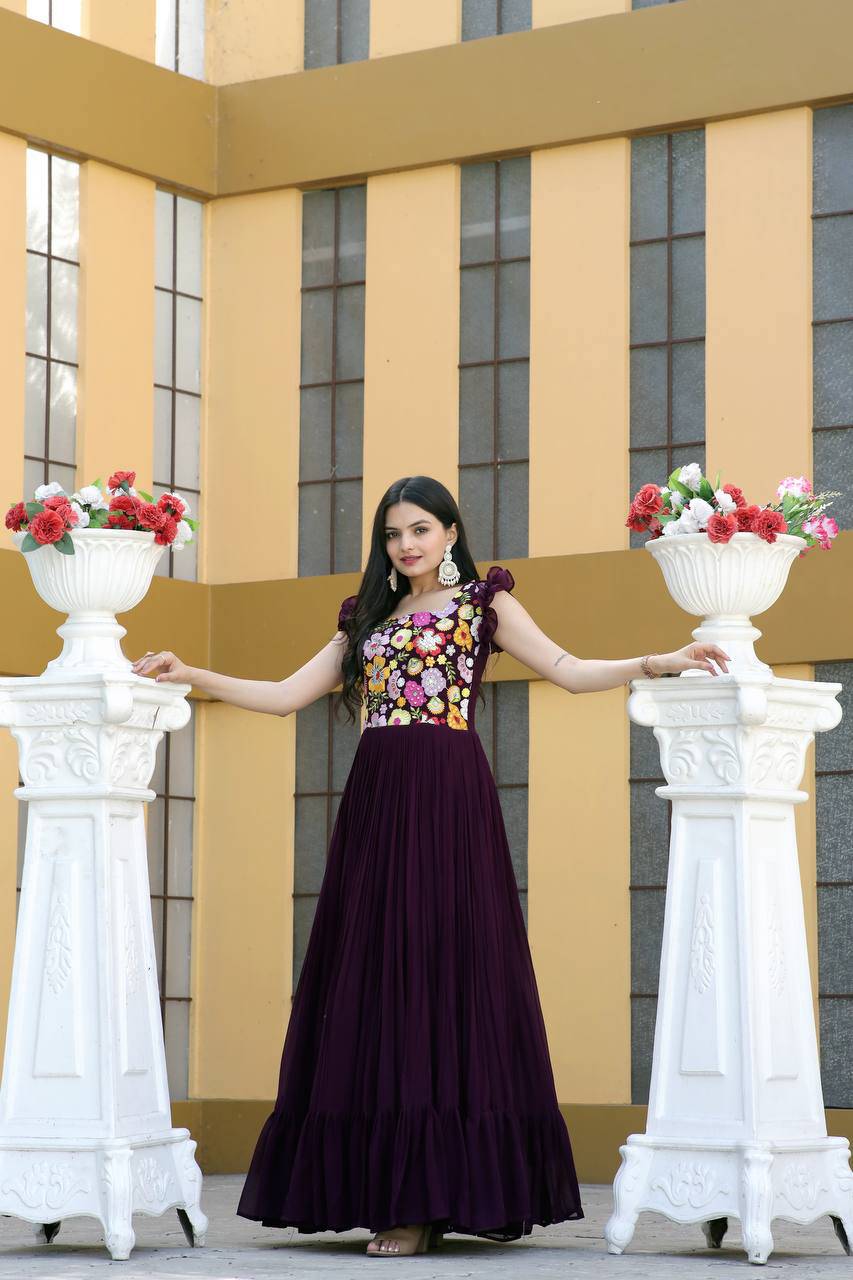 Gentle Faux Georgette Sequins Embroidered Fully Stitched Gown - INDIAN ELEGANCE