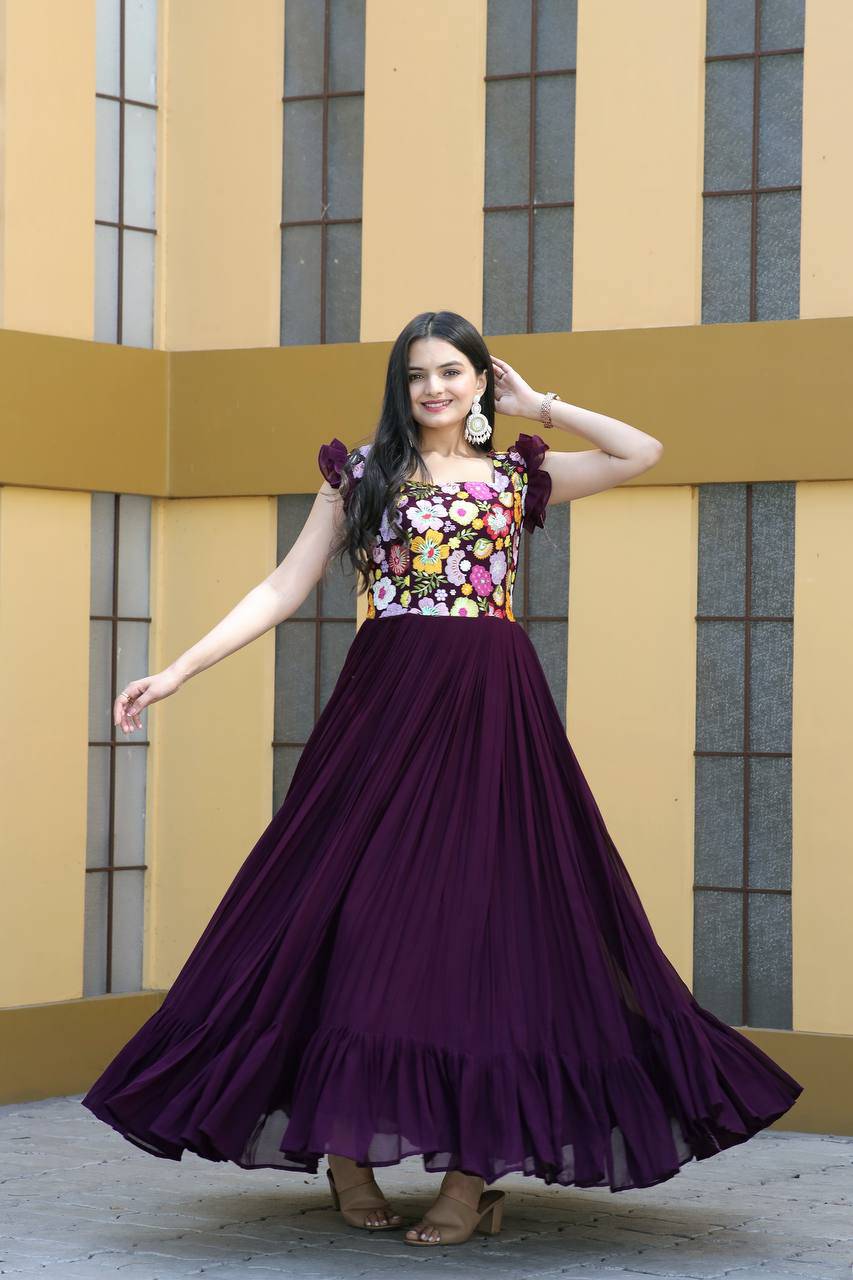 Gentle Faux Georgette Sequins Embroidered Fully Stitched Gown - INDIAN ELEGANCE