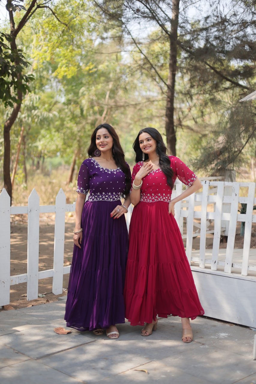 Stylish Faux Georgette Beads Embroidered Designer Gown - INDIAN ELEGANCE