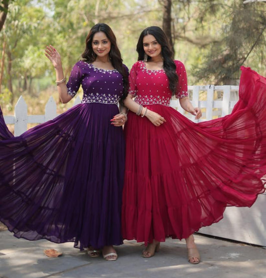 Stylish Faux Georgette Beads Embroidered Designer Gown - INDIAN ELEGANCE