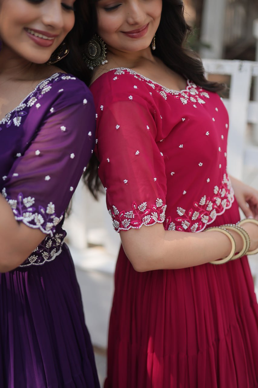 Stylish Faux Georgette Beads Embroidered Designer Gown - INDIAN ELEGANCE