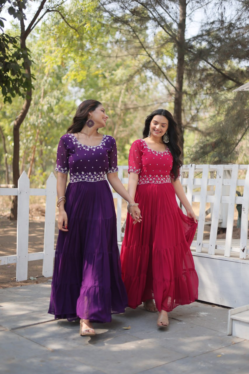 Stylish Faux Georgette Beads Embroidered Designer Gown - INDIAN ELEGANCE