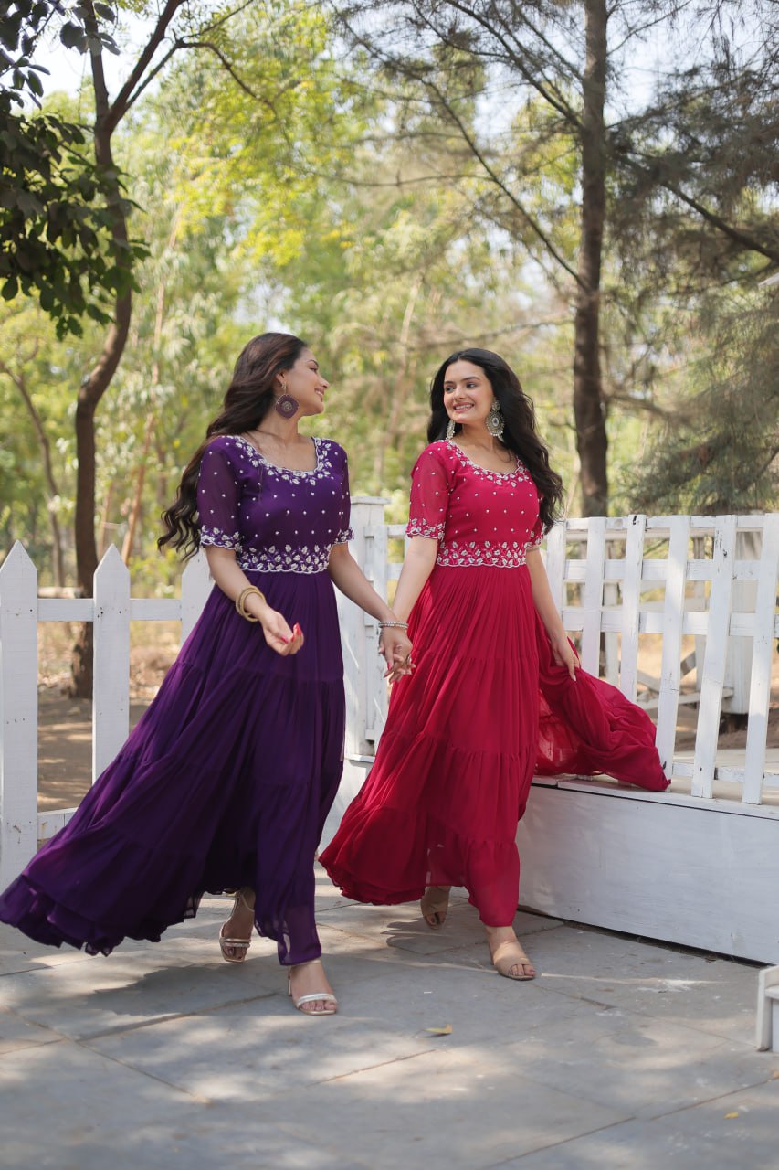 Stylish Faux Georgette Beads Embroidered Designer Gown - INDIAN ELEGANCE