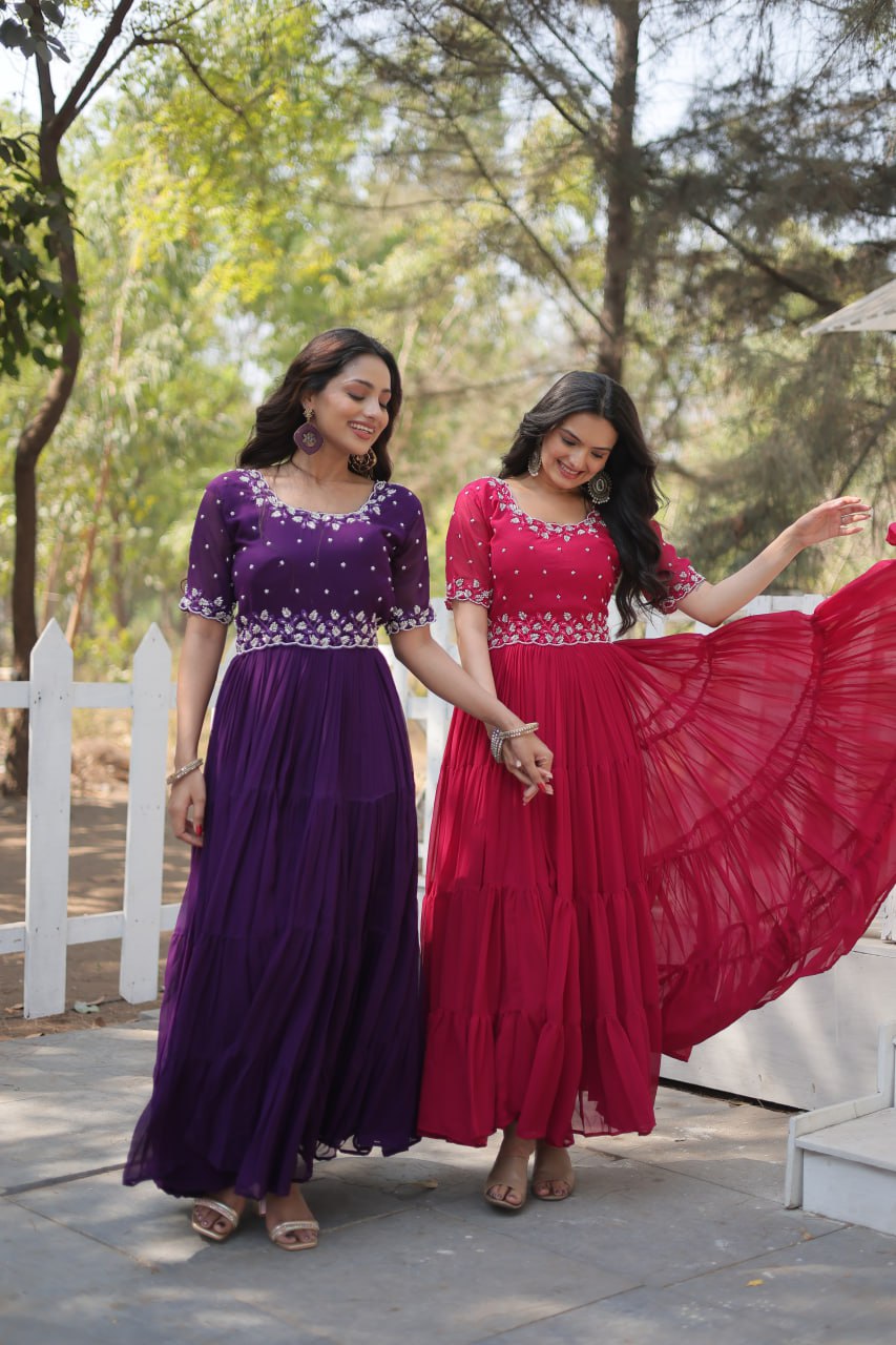 Stylish Faux Georgette Beads Embroidered Designer Gown - INDIAN ELEGANCE