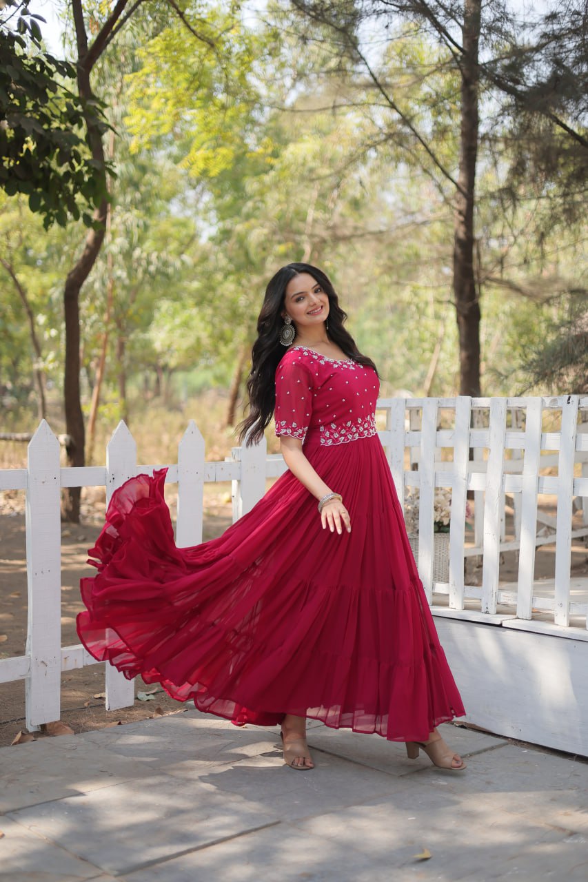 Stylish Faux Georgette Beads Embroidered Designer Gown - INDIAN ELEGANCE